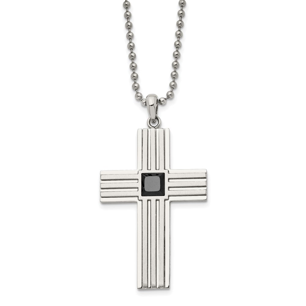 Stainless Steel Brushed and Polished w/Black CZ Cross 24in Necklace