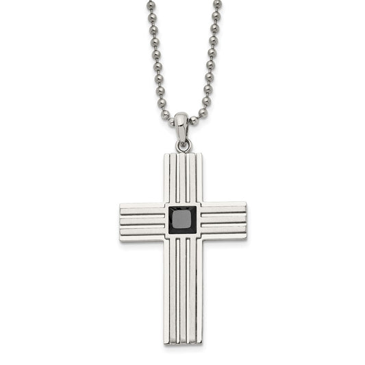 Stainless Steel Brushed and Polished w/Black CZ Cross 24in Necklace
