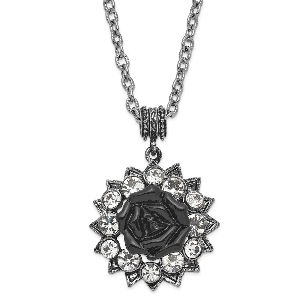 1928 Silver-tone Crystal & Black Enamel Flower 16in w/3in ext Necklace