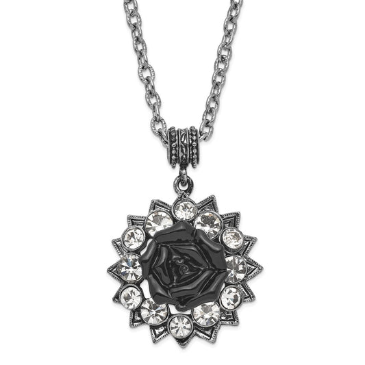 1928 Silver-tone Crystal & Black Enamel Flower 16in w/3in ext Necklace