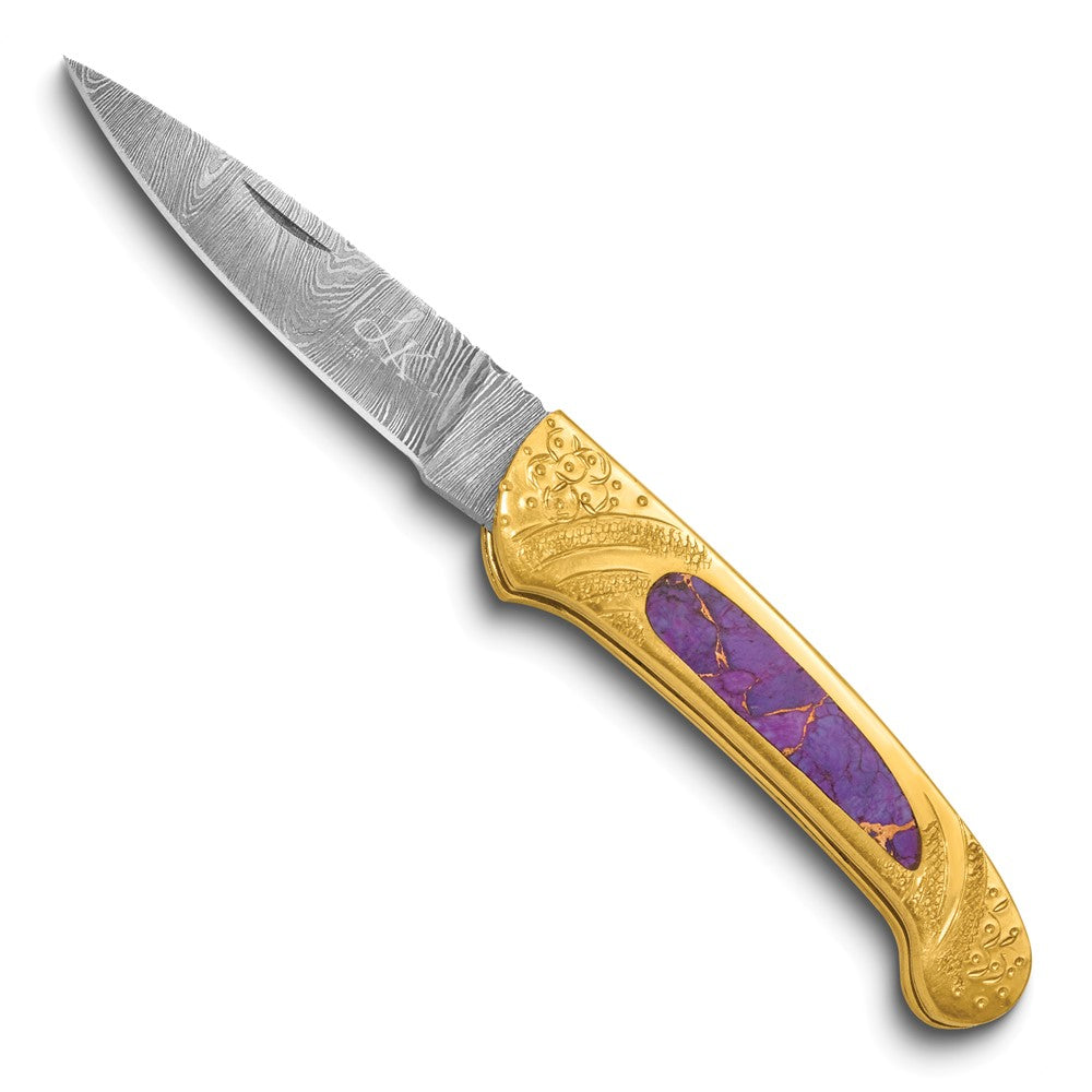 Luxury Giftware by Jere Damascus Steel 256 Layer Folding Blade Brass with Compressed Turquoise, Bronze and Purple Stone Resin Inlay Handle Knife with Leather Sheath and Wooden Gift Box