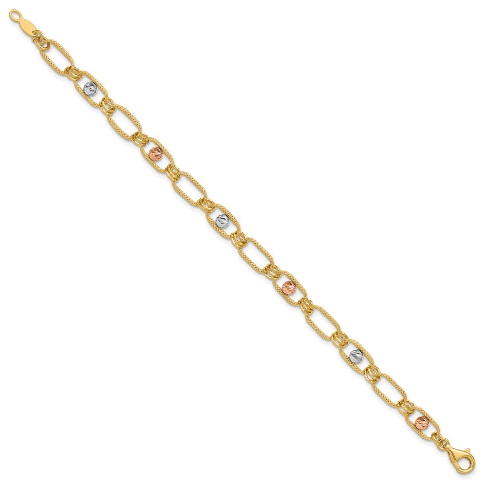 14K Tri-color Polished/Textured/Dia-cut Fancy Link Bracelet 7  inches