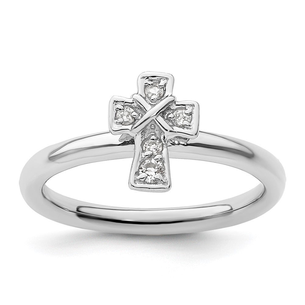 Sterling Silver Stackable Expressions Rhodium White Topaz Cross Ring Size -6
