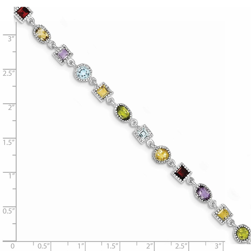 Sterling Silver 7inch Rhod Plated Rainbow Multi-gemstone Bracelet 7 inches