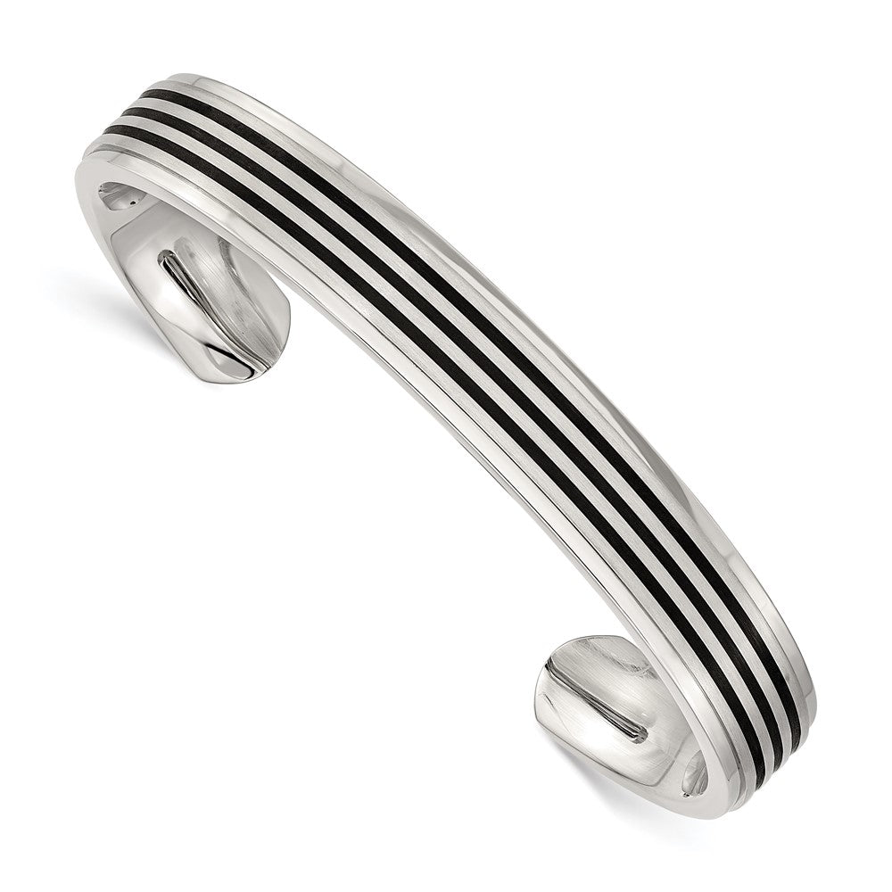 Stainless Steel Brushed and Polished Black Rubber Inlay Cuff Bangle 7.25 inches