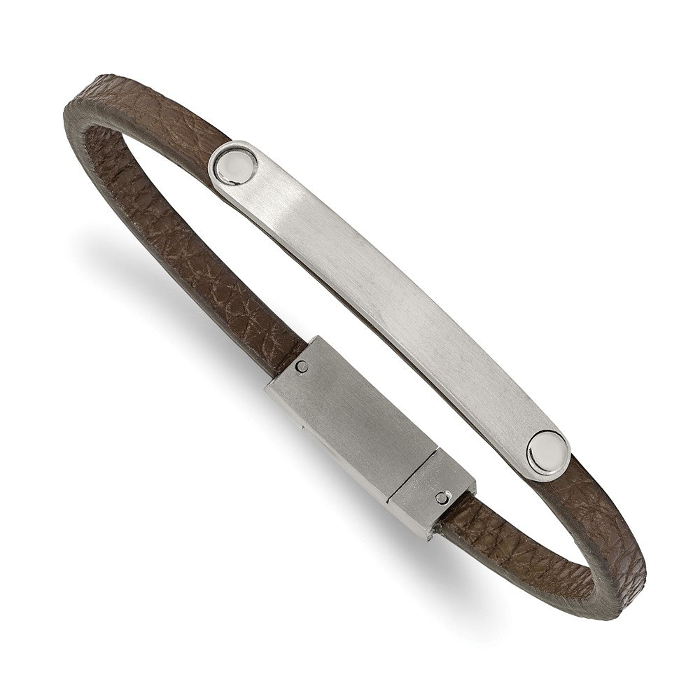 Stainless Steel Brushed Brown Leather 8.25in ID Bracelet 8.25 inches