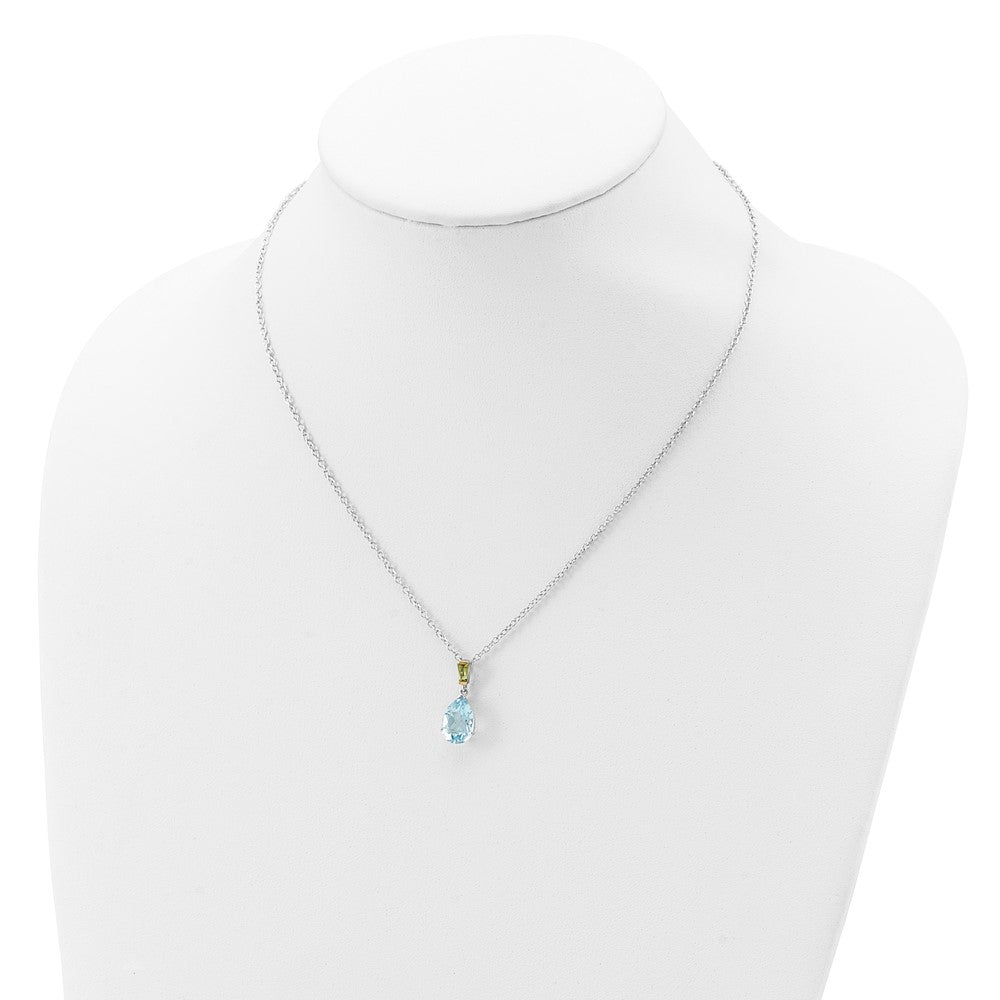 Brilliant Gemstones Sterling Silver with14K Accent Rhodium-plated Sky Blue Topaz and Peridot 18 Inch Necklace with 2 Inch Extender 18 Inches