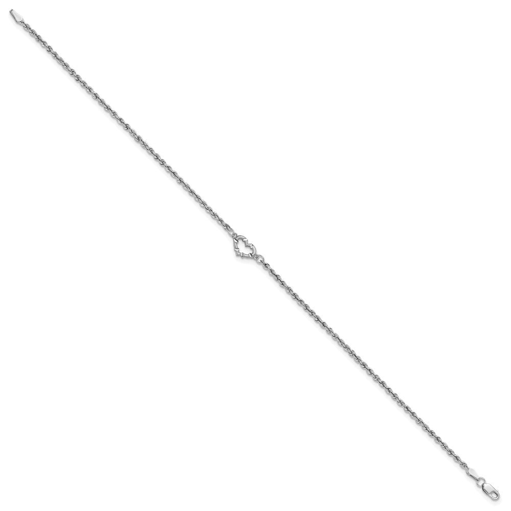 14k White Gold Diamond-cut Hollow Rope with Heart 9in Anklet