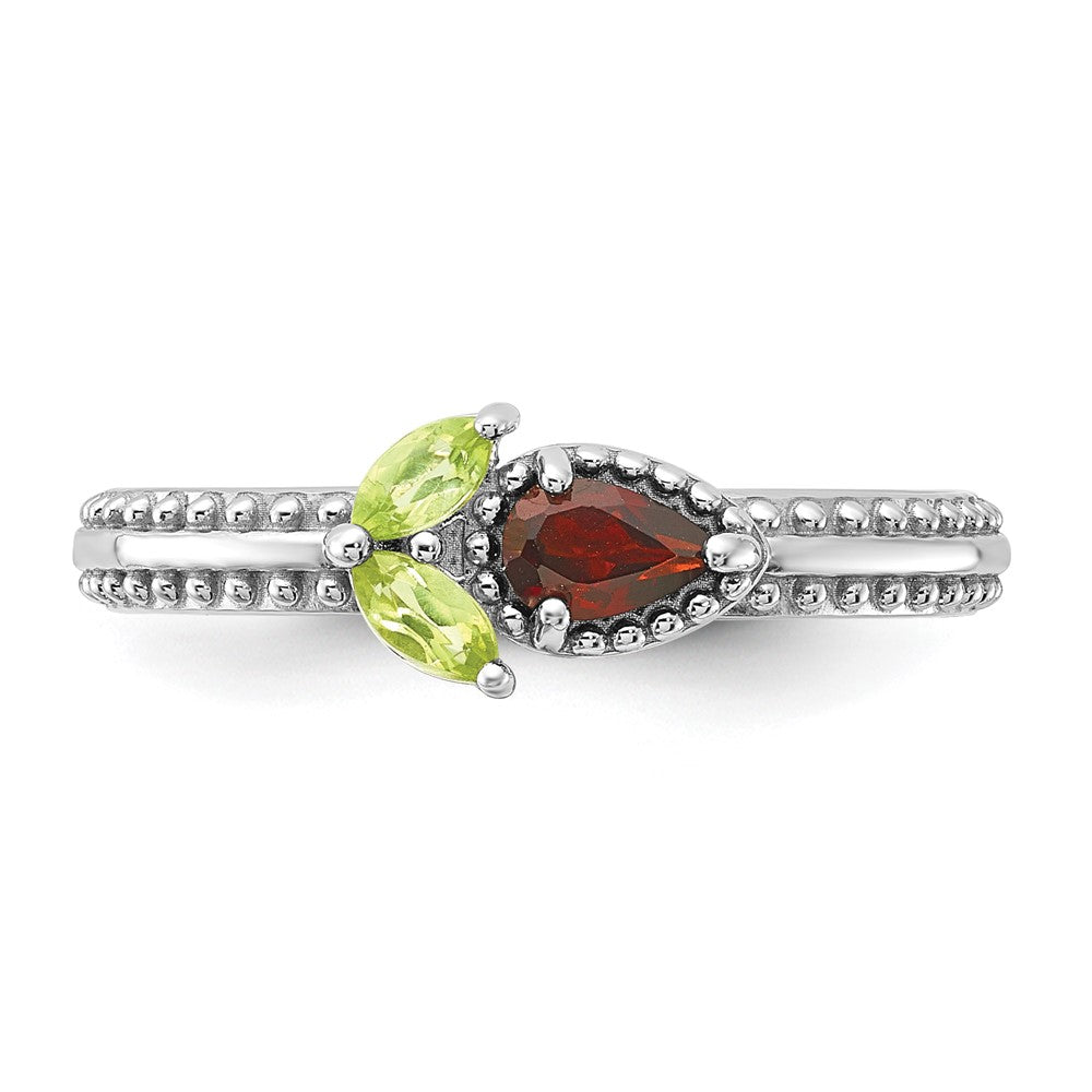 Sterling Silver Stackable Expressions Rhodium-plated Textured Garnet and Peridot Flower Ring Size -8