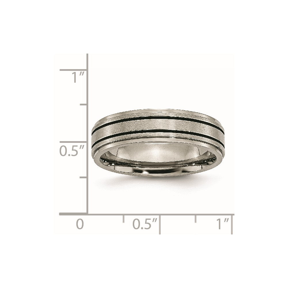 Titanium Brushed Center Black Enamel 6mm Ridged Edge Band Size - 6
