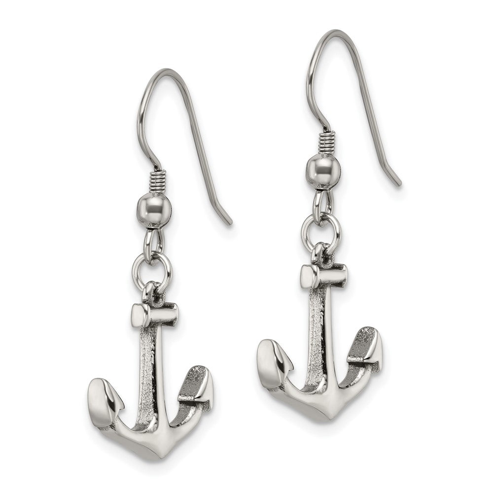 Stainless Steel Polished Anchor Dangle Shepherd Hook Earrings