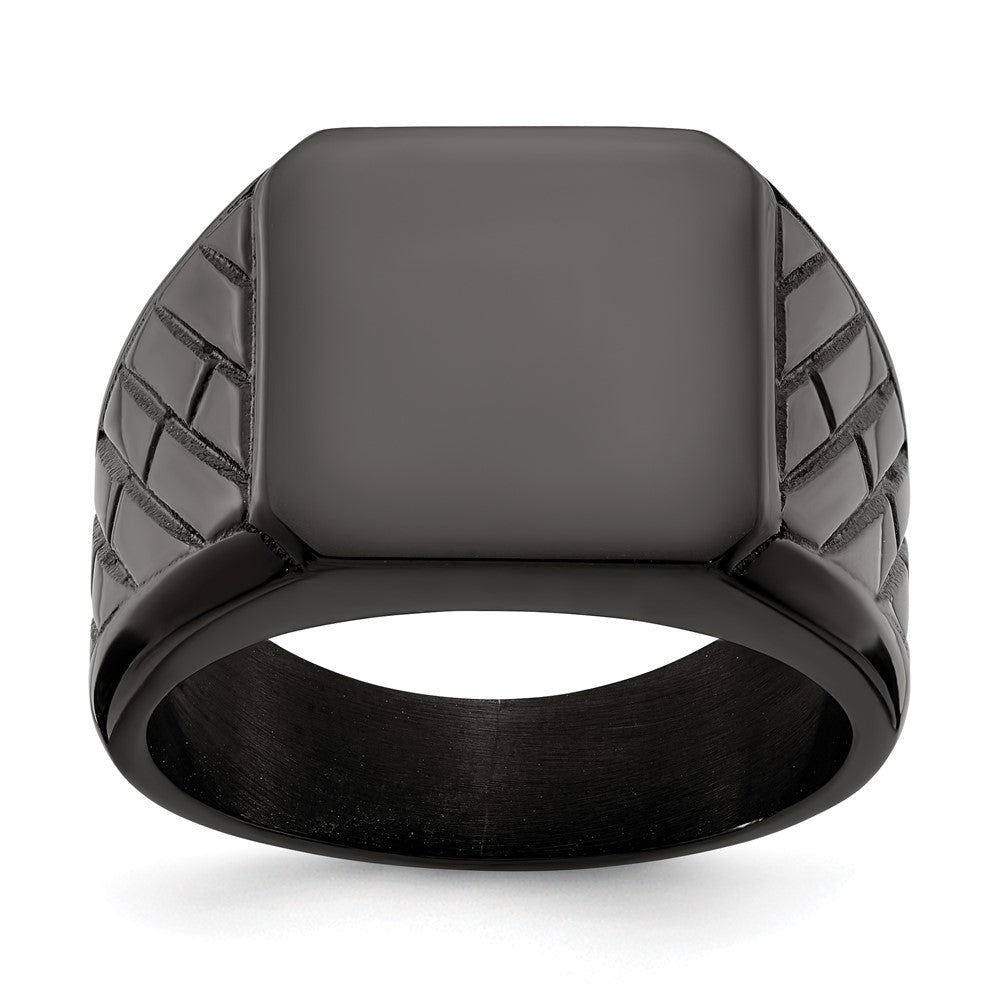 Stainless Steel Polished Black IP-plated Brick Design Signet Ring Size - 12
