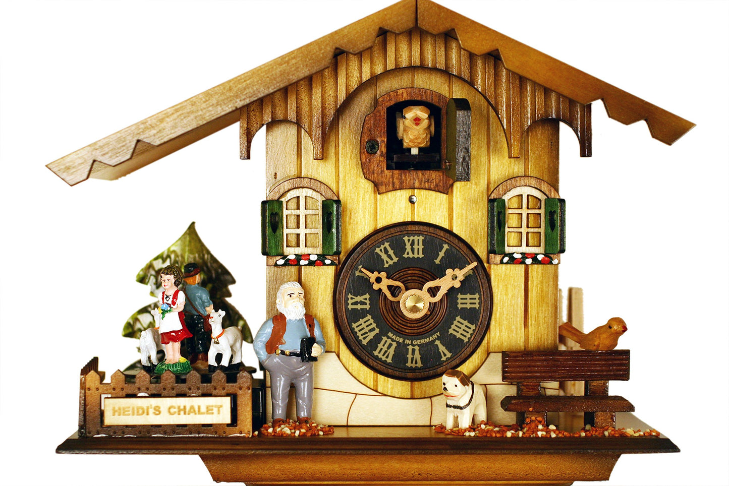 River City Clocks 12 Melody Quartz Cuckoo Clock - Heidi's Chalet with Revolving Figures