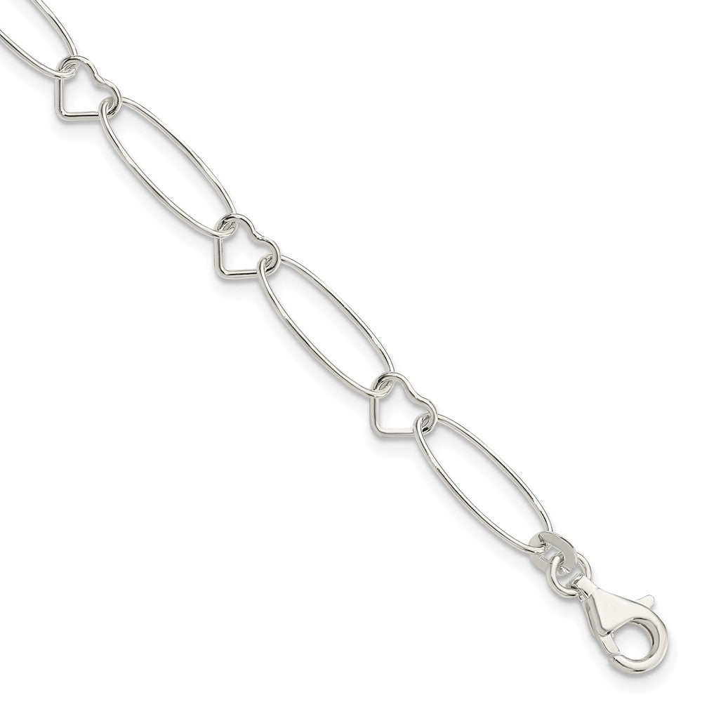 Sterling Silver Oval Link w/Hearts Bracelet 7.5 inches