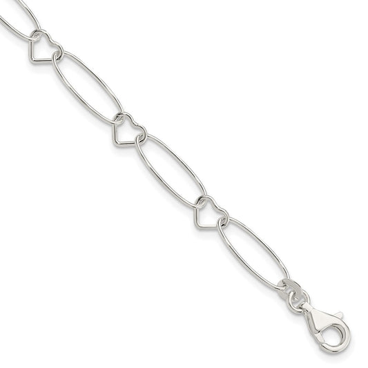 Sterling Silver Oval Link w/Hearts Bracelet 7.5 inches