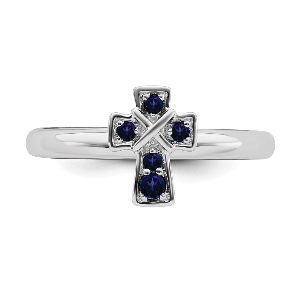 Sterling Silver Stackable Expressions Rhodium Created Sapphire Cross Ring Size -8