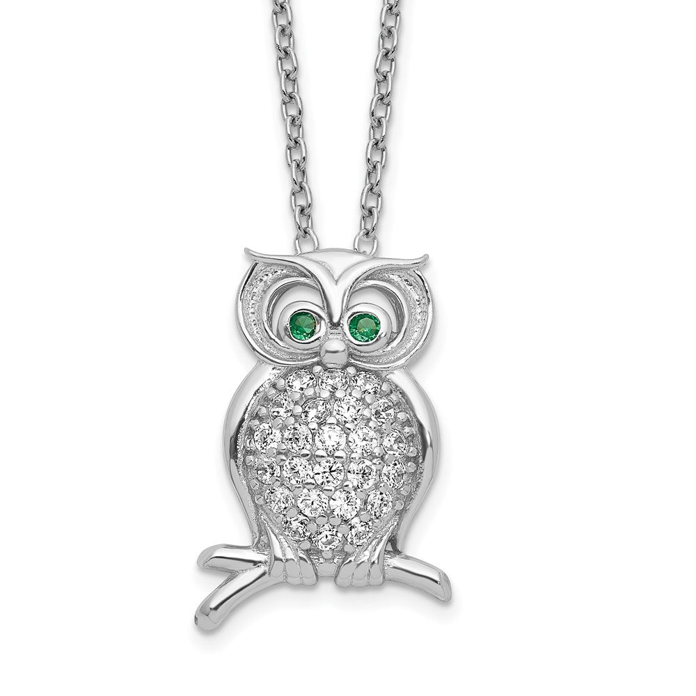 Sterling Silver Polished Rhodium-plated Green/Clear CZ Owl 18in Necklace 18 Inches