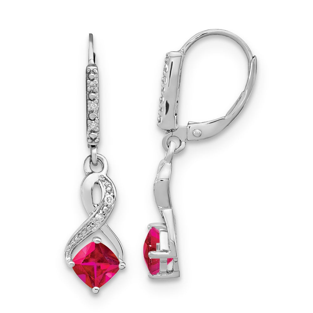 Sterling Silver Created Ruby & Diamond Leverback Dangle Earrings