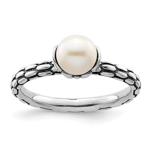 Sterling Silver Stack Exp. Polished Patterned White FW Cultured Pearl Ring Size -10