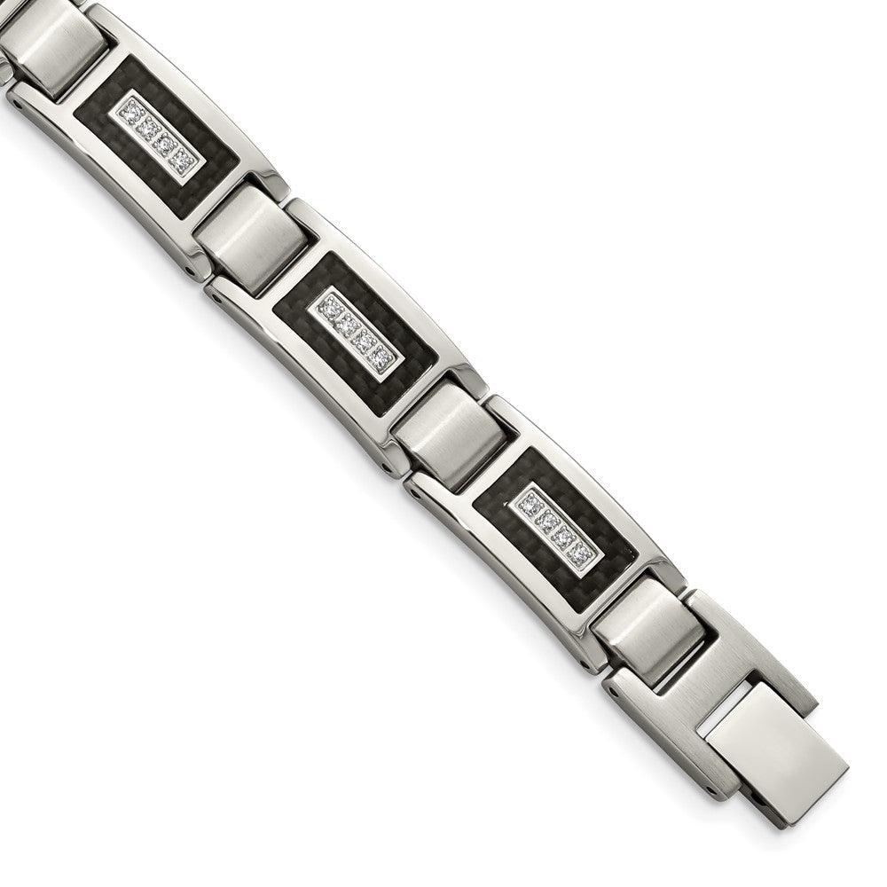 Stainless Steel Brushed & Polished w/CZ Black Carbon Fiber Inlay Bracelet 8.75 inches