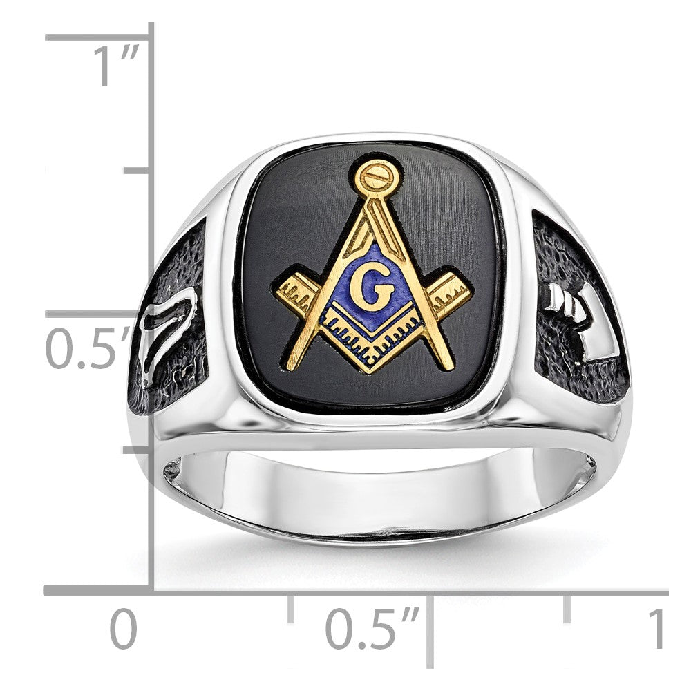 10k White Gold and Gold-plated Polished and Textured with Black Enamel and Onyx Masonic Ring