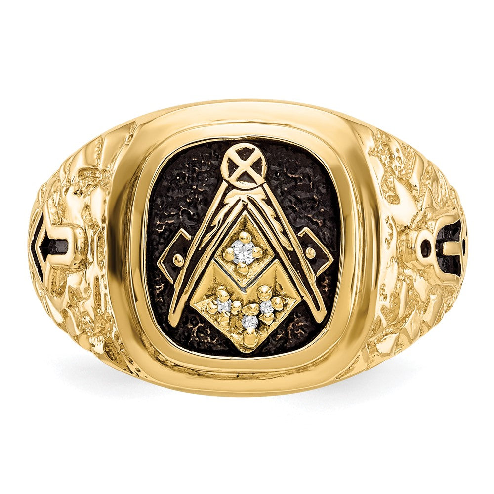 10k Polished, Antiqued and Nugget Texture AA Quality Diamond Masonic Ring