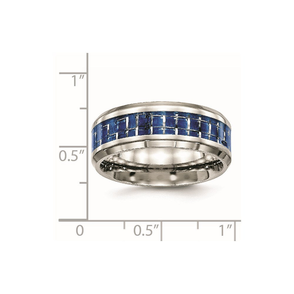Stainless Steel Polished w/Blue Carbon Fiber Inlay 8mm Beveled Edge Band Size - 11