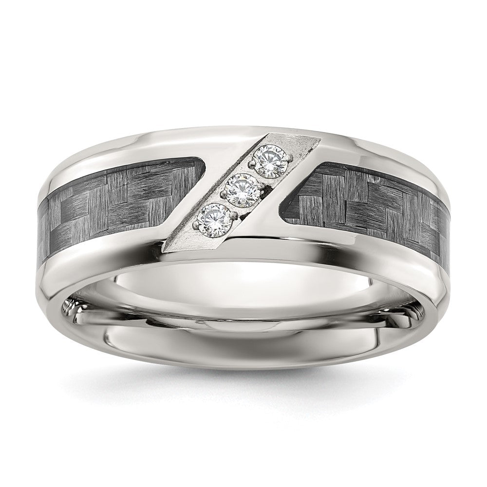 Stainless Steel Polsihed with Gray Carbon Fiber Inlay & CZ 8mm Band Size - 12.5