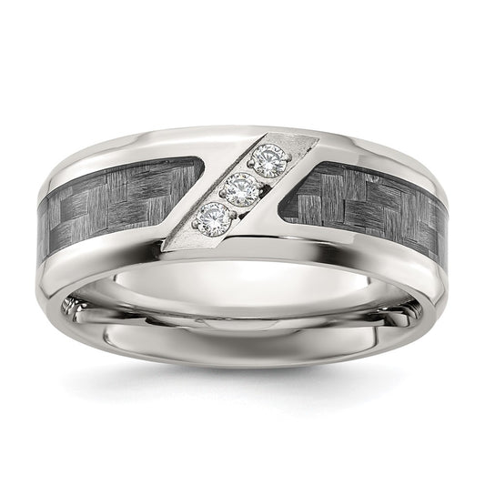 Stainless Steel Polsihed with Gray Carbon Fiber Inlay & CZ 8mm Band Size - 12.5