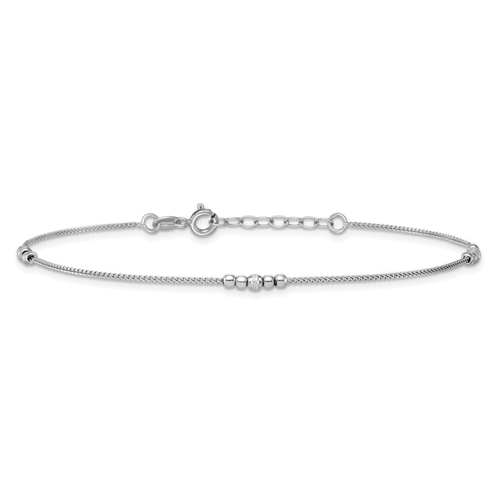 Sterling Silver Rhodium-plated Polished and Diamond-cut 3-Station Beaded 9 Inch with 1 Inch Extension Anklet