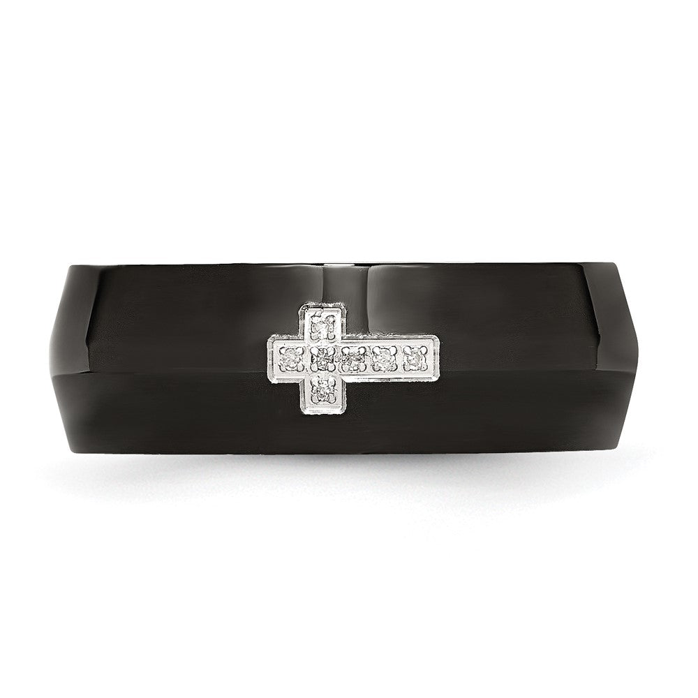 Stainless Steel Polished Black IP-plated 2pt Diamond Cross 8mm Band Size - 12