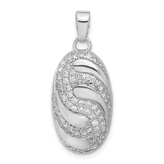 Sterling Silver Rhodium-plated CZ Oval Swirl Design Pendant