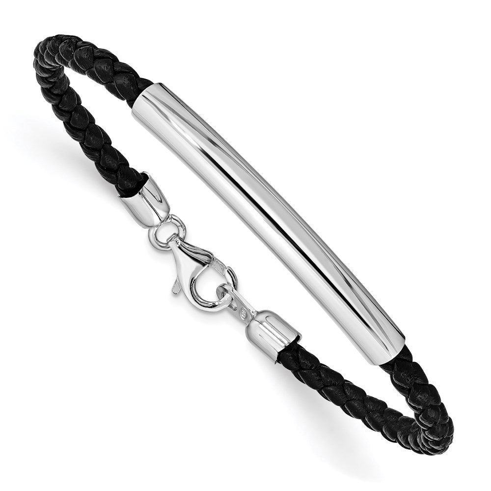 Sterling Silver Rhodium-plated Braided Black Leather Bracelet 7 inches