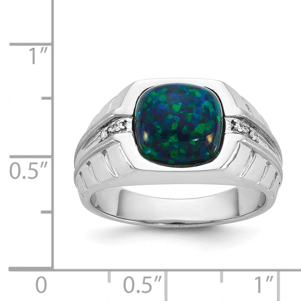 SS Cr. Black Opal (Green) & Diamond Mens Ring