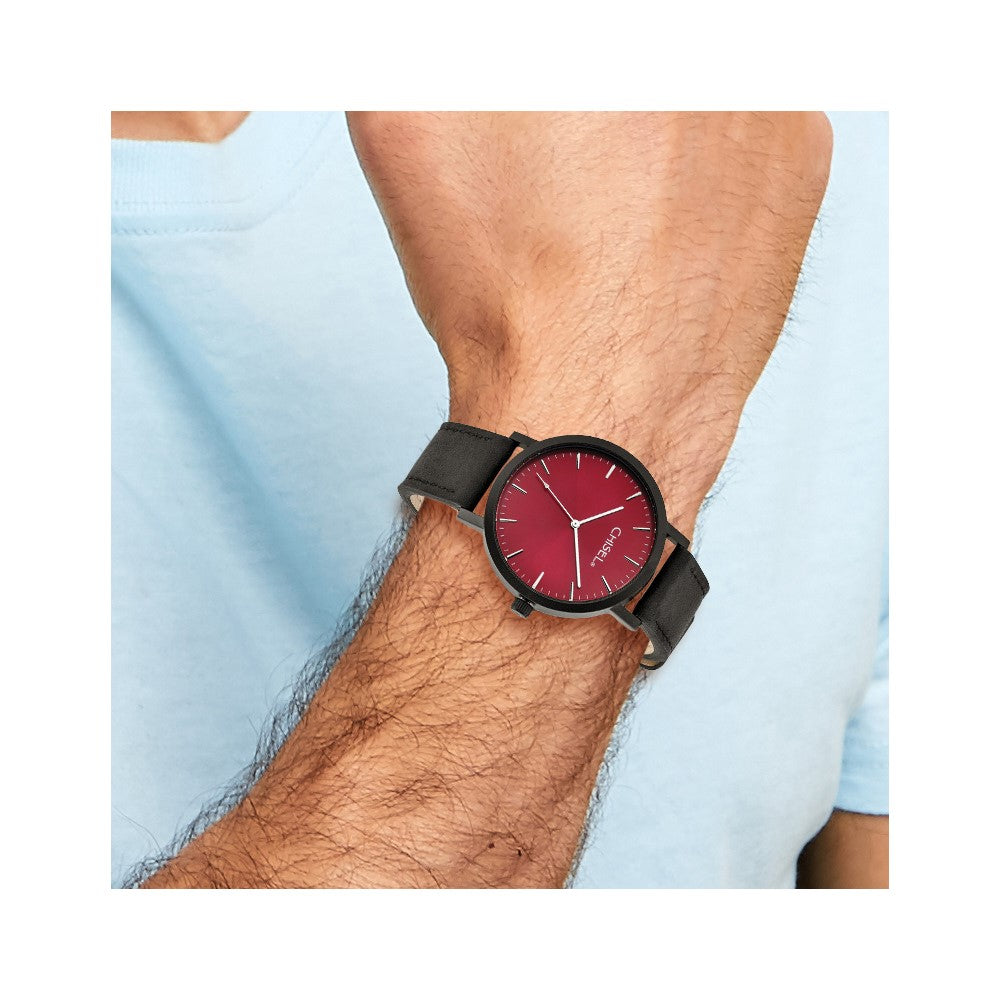 Chisel Matte Black IP-plated Red Dial Black Leather Band with Quick Release Watch 9 inches