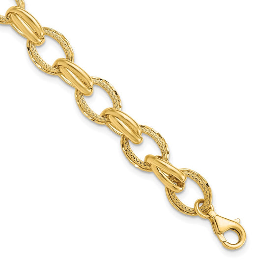 14K Polished/Textured and Diamond-cut Fancy Link Bracelet 7  inches