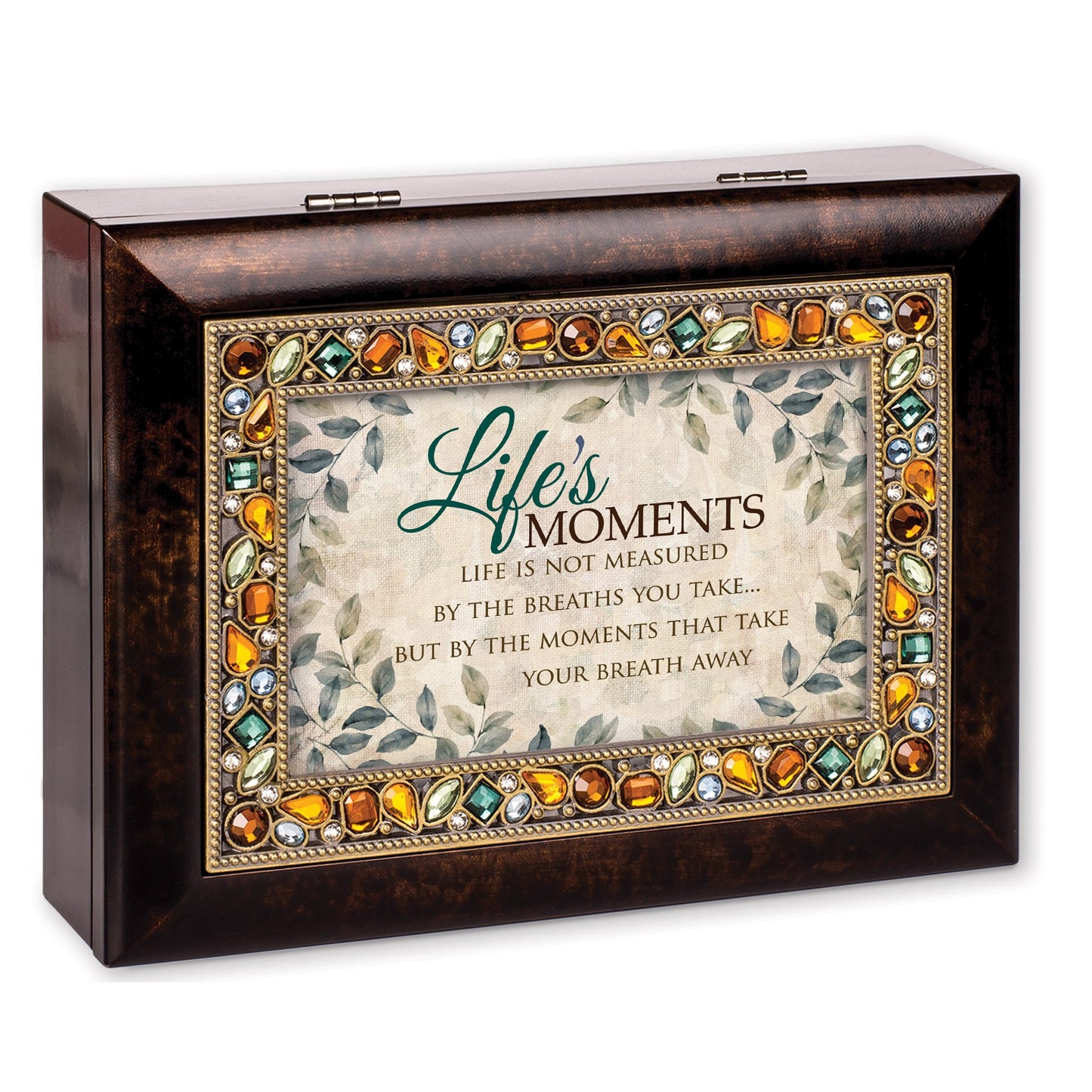 8" Brown and Green Italian Style Rectangular "Life's MOMENTS" Printed Musical Box
