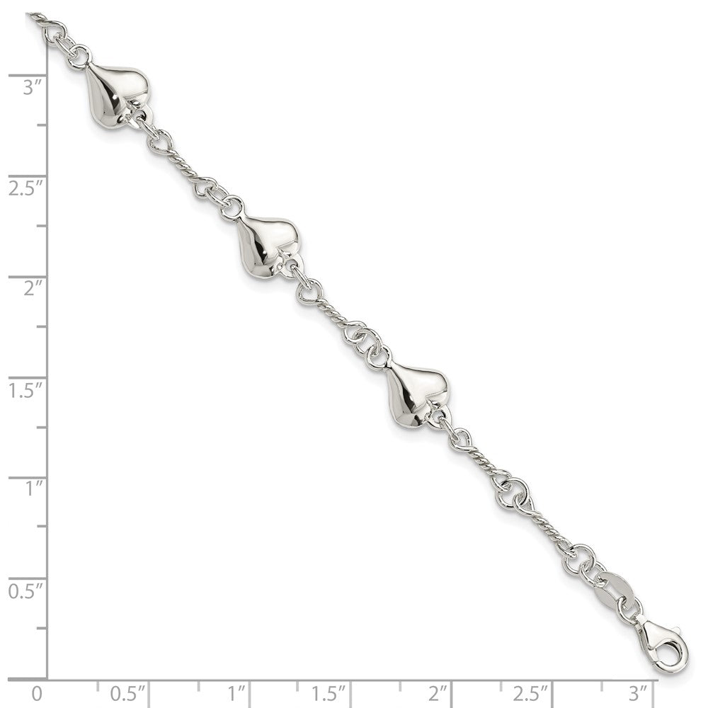 Sterling Silver Polished Heart 7.5in Bracelet 7.5 inches