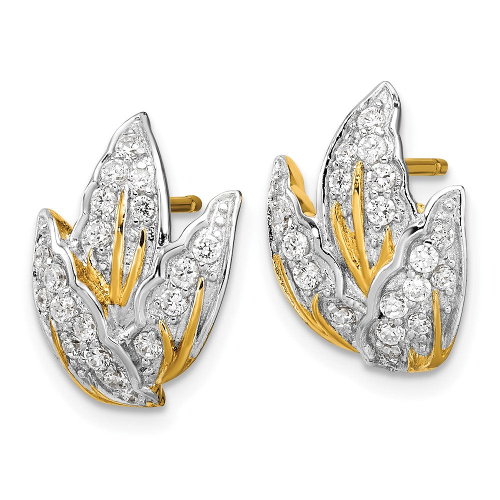 Sterling Silver Gold Tone CZ Leaf Post Earrings