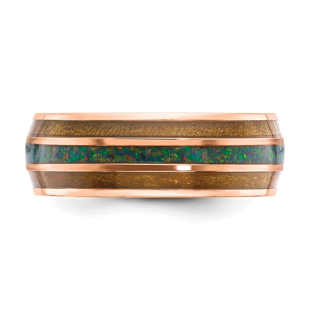 Chisel Stainless Steel Polished Rose IP-plated with Wood and Imitation Opal Inlay 8mm Band Size - 9