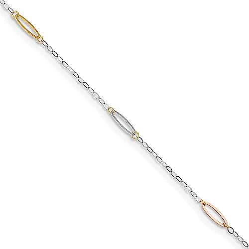 14K Tri-color Oval Link 9in Plus 1in Ext. Anklet
