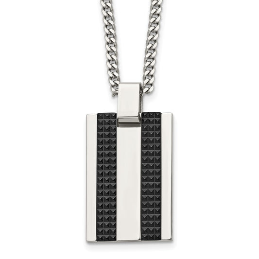 Stainless Polished & Textured Black IP-plated Dog Tag 22in Necklace