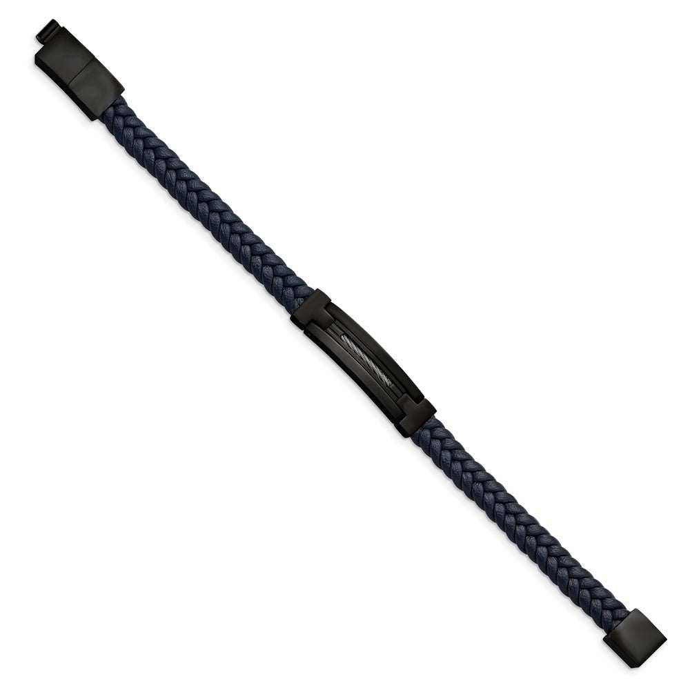 Stainless Steel Polished Black IP Navy Blue Leather w/.5in ext. Bracelet 8 inches