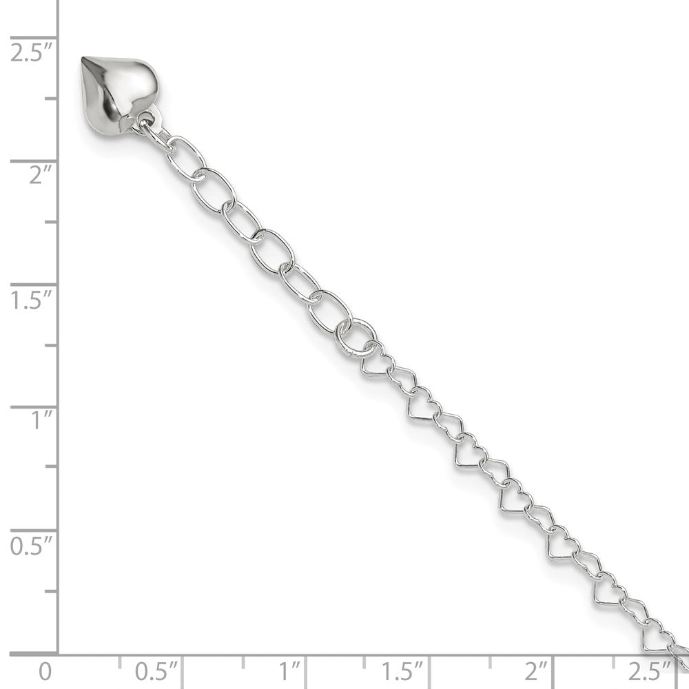 Sterling Silver Polished Puffed Heart 9in Plus 1in ext. Anklet 9 inches