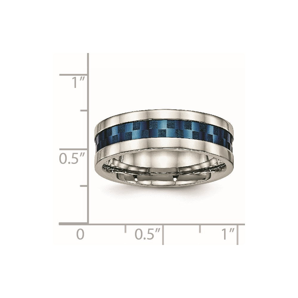 Stainless Steel Polished Blue IP-plated Checkered Design 7mm Band Size - 8