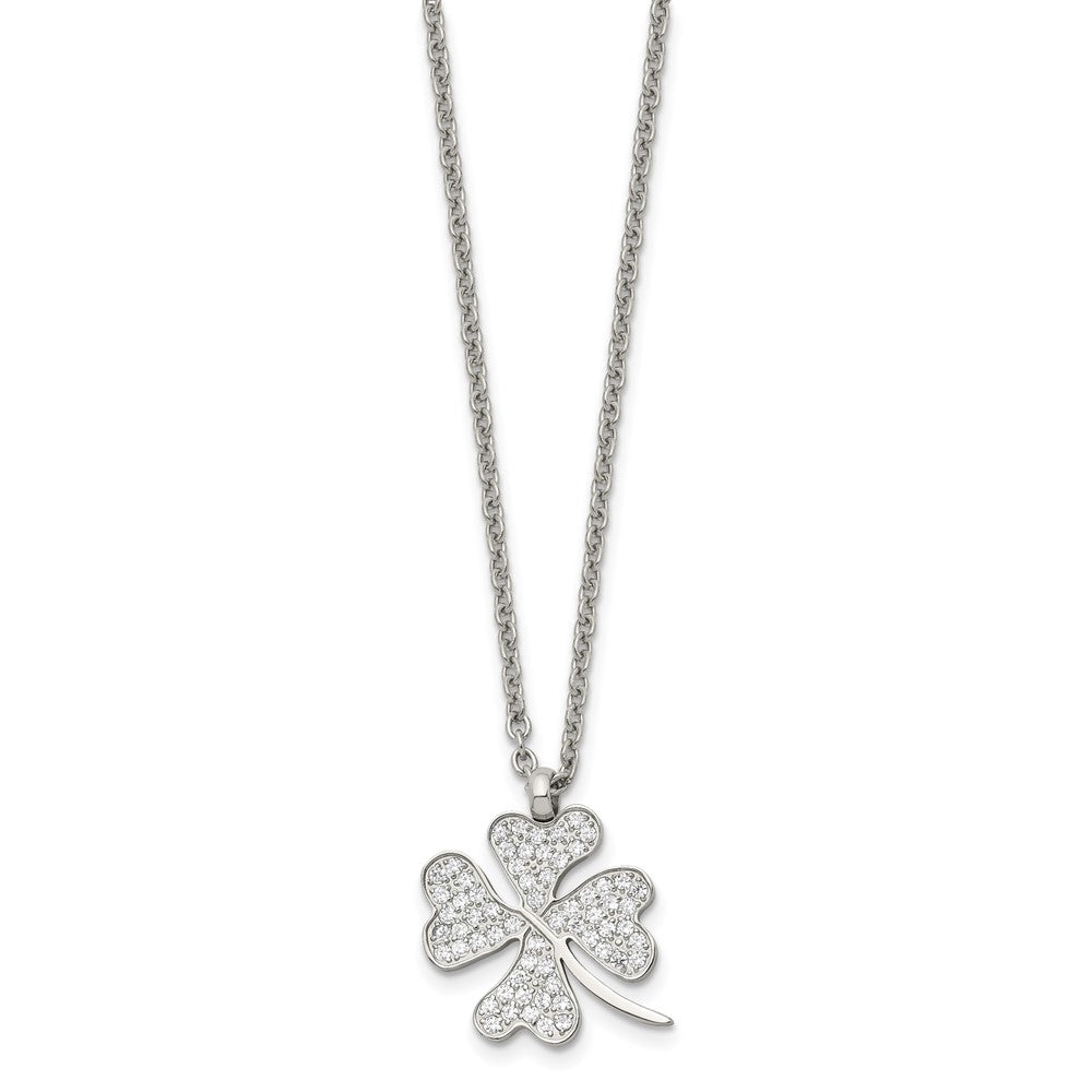 Stainless Steel Polished CZ Four Leaf Clover 22in Necklace
