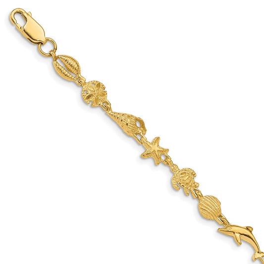 14K Gold Polished and Textured Sea Life Bracelet 7.5  inches