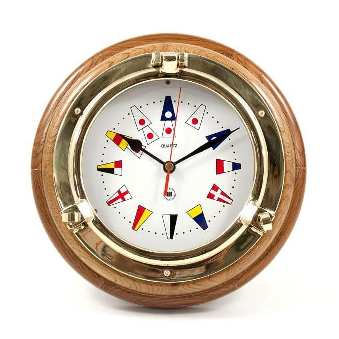 Bey-Berk International SQ517 Lacquered Brass Porthole Quartz Clock with Nautical Flags Dial Face in Oak Wood &amp; Gold