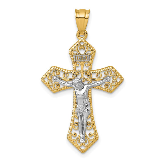 14k Two-tone Polished and Textured Filigree Passion Crucifix Pendant