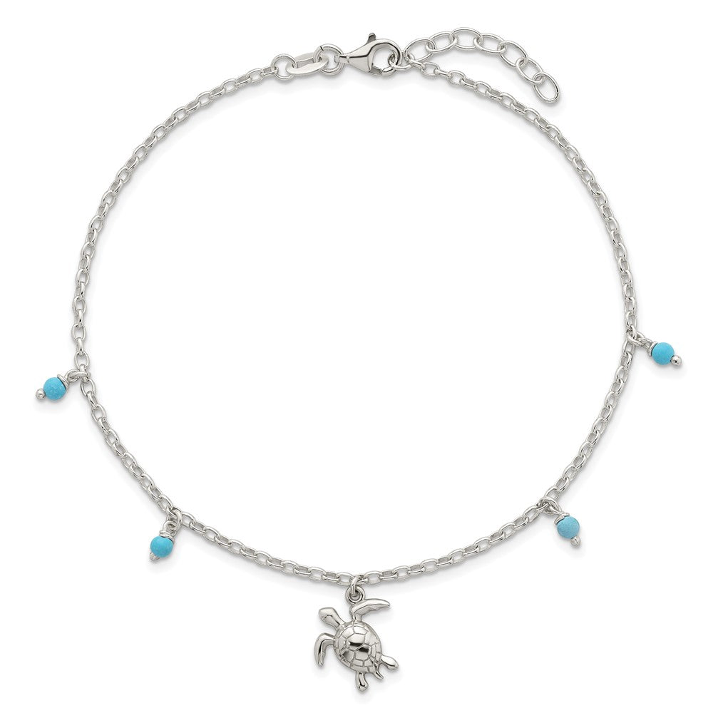 Sterling Silver Polished Turtle with Turquoise Beads 9 inch with 1 inch Extension Anklet